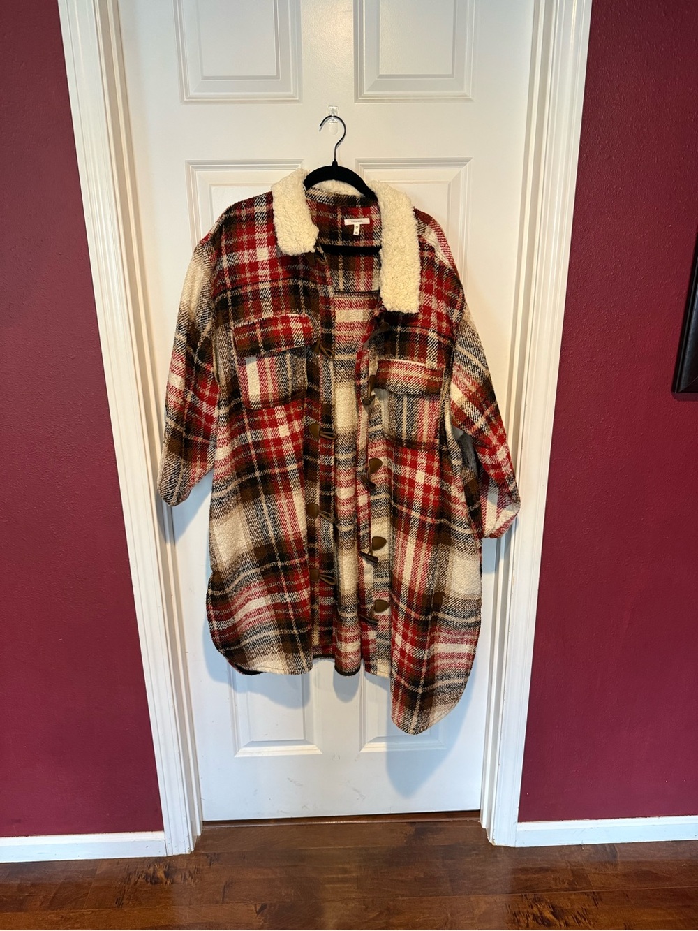Maurices Plaid Sherpa-Lined Shacket in Red, Cream & Brown